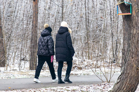 Two women are walking in the snow, one wearing a pink hat. The scene is peaceful and serene, with the snow-covered trees and the quietness of the forest. The women are walking side by sideの写真素材