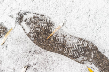 A shoe print in the snow with a stick sticking out of it. Concept of solitude and isolation, as the...