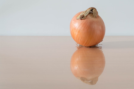 Yellow onion on ground reflectionの写真素材