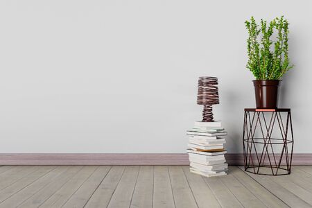 3D rendering Mock up interior with chair, books, lamp and plant.の写真素材
