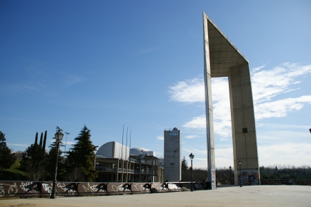 Madrid Sur, rear facade of the planetarium and gateway of pedestrian access, park Tierno, Madrid, Spainの写真素材