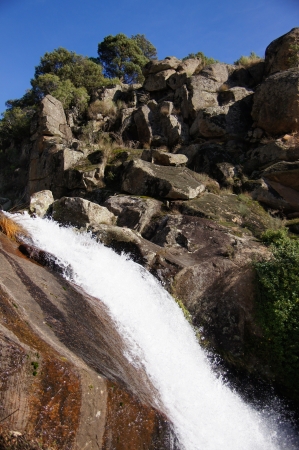 Cascade river, Gualtaminos gorge, granite rocks, pine, white foam, wild shrubs, Villanueva, Vera, Spainの写真素材