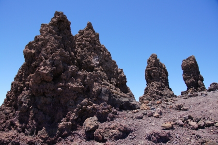 Lava pillars with fund of blue sky, Roque Muchachos, Palma, Canary Islands, Spainの写真素材