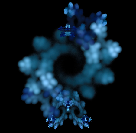 Abstract black background with blue, turquoise spiral snowflake texture in the center, suitable for Christmas greeting, fractalの写真素材
