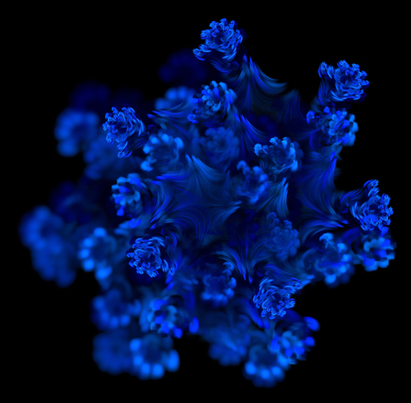 Abstract black background with blue, turquoise snowflake branches texture in the center, suitable for Christmas greeting, fractalの写真素材