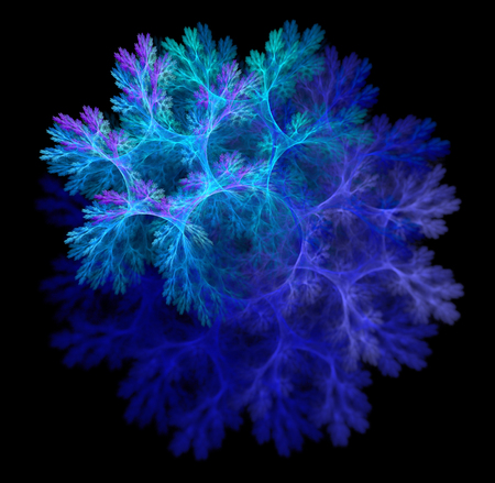 Abstract black background with blue, turquoise fluffy snowflake texture in the center, suitable for Christmas greeting, fractalの写真素材