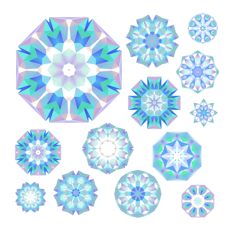 Set of blue polygonal snowflakes on white, in vectorのイラスト素材