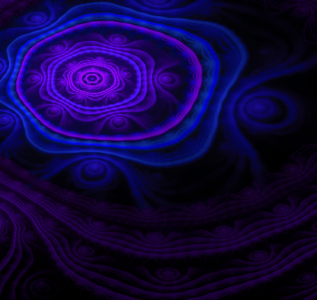 Abstract black background with ornamented relief. Distorted scientific digital landscape. Fractal pattern. Dark blue, turquoise and purple concentric texture.の写真素材