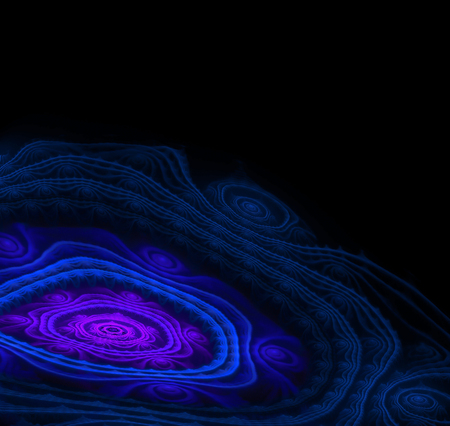 Abstract black background with ornamented relief. Distorted scientific digital landscape. Dark blue, turquoise and purple concentric texture. Fractal pattern.の写真素材