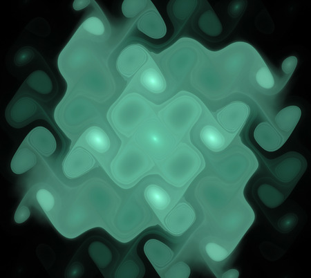 Abstract black background with green and turquoise spotted spiral pattern.  Cross in the center. Fractal texture.の写真素材