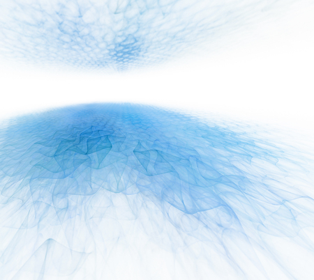 Abstract blue and turquoise background with white horizon. Optimistic and fresh. Fractal digital pattern. Sea and sky perspective texture.の写真素材