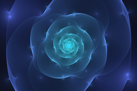 Abstract black background with light purple, blue and turquoise glowing flower closeup texture, fractal patternの写真素材