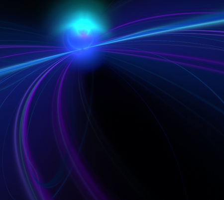 Black abstract background with star down texture. Blue satellite or turquoise planet on striped trail. Fractal cosmos pattern.の写真素材