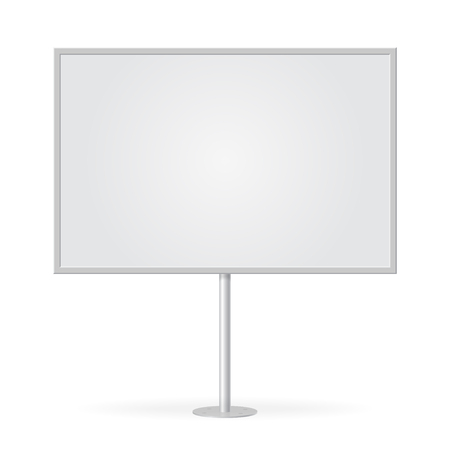 Blank whiteboard with empty copy space, stand on one bar support. Mockup board with single stand, in vector. White billboard with frame for message, commercial or presentation, rectangle and horizontal.のイラスト素材