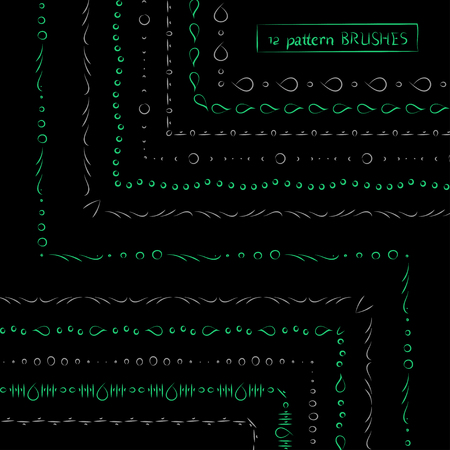Set of geometric ethnic green and grey hand drawn pattern brushes on black, vector illustrationのイラスト素材