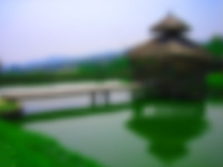 Asian blurred background with temple on the water, bridge and blue sky, blurred texture, in vectorのイラスト素材
