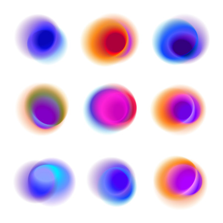 Set of gradient circles of vibrant colors. Rainbow colored collection of blurred round spots on white background. Red, pink, purple, blue transparent dots.のイラスト素材