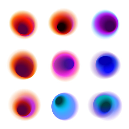 Set of gradient circles of vibrant colors. Rainbow colored collection of blurred holes on white background. Red, pink, purple, blue transparent spots and dots.のイラスト素材