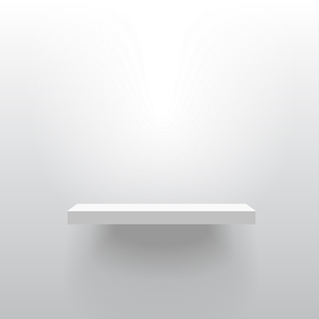 White realistic vector shelf attached to the wall. Advertising equipment mock up in 3d style. Exhibition furniture, isolated, light gray colored. Empty template for product display.のイラスト素材