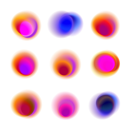 Rainbow colored collection of blurred round spots on white background. Set of gradient circles of vibrant colors. Red, pink, purple, blue transparent dots.のイラスト素材