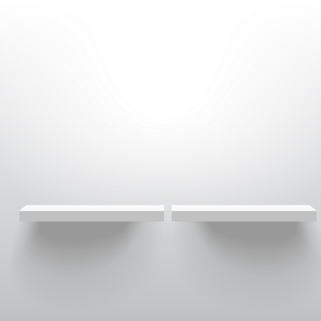Two white realistic vector shelves attached to the wall. Advertising equipment mock-up in 3d style. Empty template for product display. Exhibition furniture, isolated, light grey colored.のイラスト素材