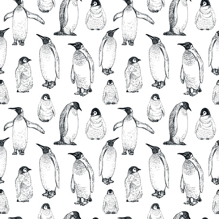 Penguin sketch seamless pattern. Hand drawn vector illustration.のイラスト素材