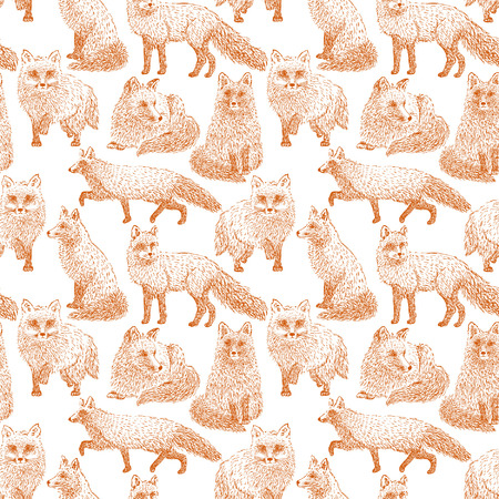 Fox seamless pattern sketch. Hand drawn vector illustration.のイラスト素材