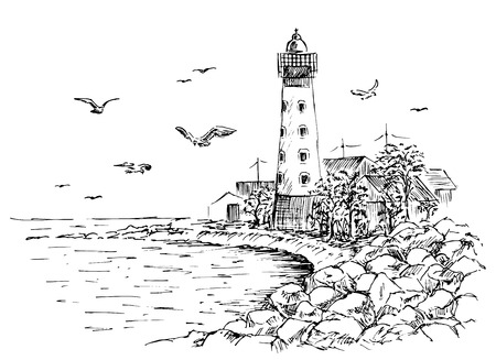 Landscape sketch of the lighthouse and the sea. Gulls, trees, house. Lighthouse sketch. Hands drawn to the rocky beach.のイラスト素材