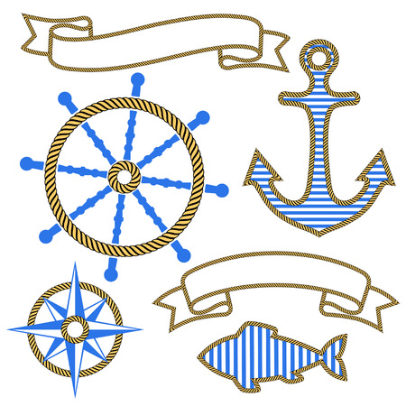  	
Set of nautical design elements. Anchor, steering wheel, compass, fish, ribbons circled the rope. Vector illustration.のイラスト素材