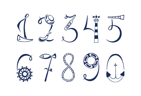 Set of the marine numerals. Hand drawn vector illustration. Sailboat, life preserver, lighthouse, fish, a telescope, a bell, hat, anchor, ship.のイラスト素材
