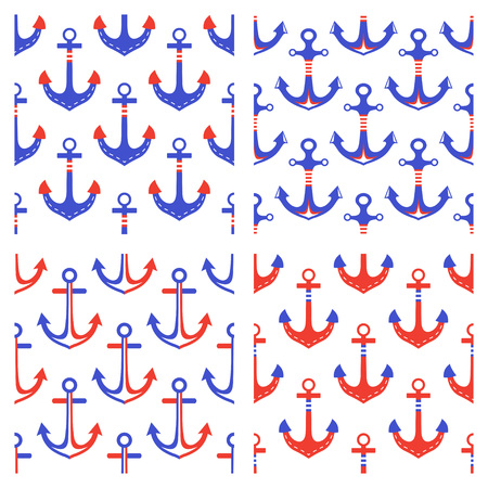  		
Set of four seamless pattern of red and blue anchor. Vector illustration.のイラスト素材
