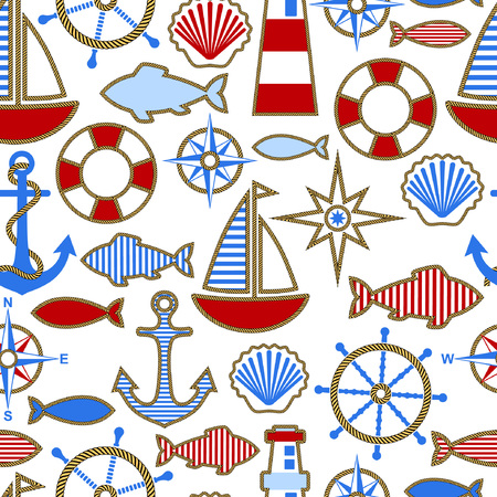 Seamless pattern of nautical design elements in flat style. Sailboat, anchor, fish, steering wheel, compass, lifebuoy, shell, lighthouse. Vector illustration.のイラスト素材