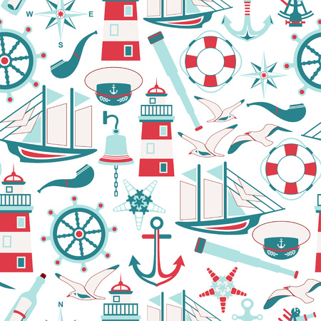 Seamless pattern of nautical design elements in flat style. Vector illustration.のイラスト素材