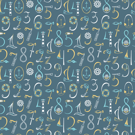 Lettering numbers 1, 2, 3, 4, 5, 6, 7, 8, 9, 0 marine elements. Hand drawn vector illustration. Sailboat, life preserver, lighthouse, fish, a telescope, a bell, hat, anchor, ship. Seamless pattern.のイラスト素材
