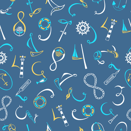 Lettering numbers 1, 2, 3, 4, 5, 6, 7, 8, 9, 0 marine elements. Hand drawn vector illustration. Sailboat, life preserver, lighthouse, fish, a telescope, a bell, hat, anchor, ship. Seamless pattern.のイラスト素材