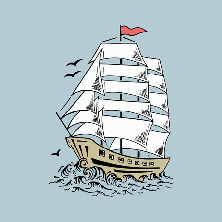 Sailboat sketch, yacht, ship. Hand drawn vector illustration.のイラスト素材