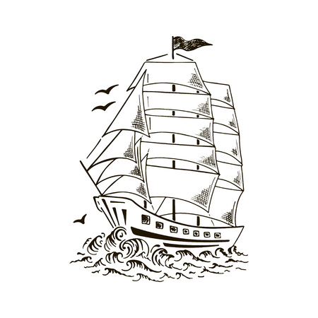 Sailboat sketch, yacht, ship. Hand drawn vector illustration.のイラスト素材