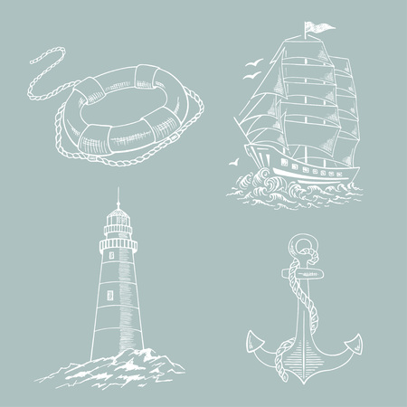 Anchor, boat,  lifebuoy, lighthouse, ship, sailboat sketch set. Hand drawn vector illustration.のイラスト素材