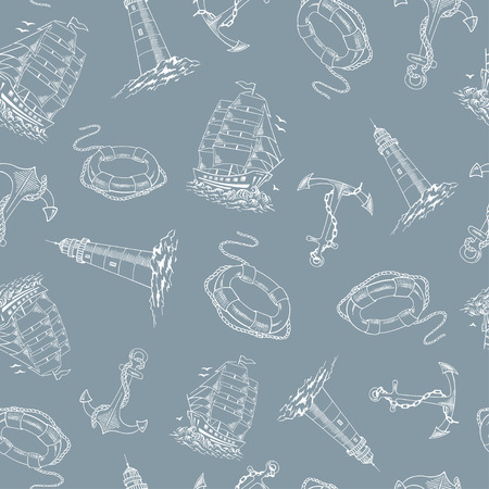 Anchor, boat, life preserver, lighthouse, ship, sailboat sketch seamless pattern. Hand drawn vector illustration.のイラスト素材