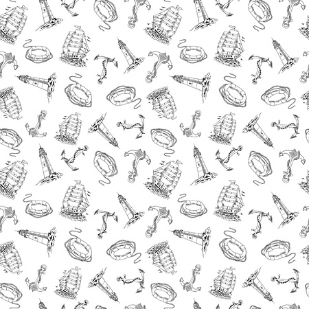 Anchor, boat, life preserver, lighthouse, ship, sailboat sketch seamless pattern. Hand drawn vector illustration.のイラスト素材