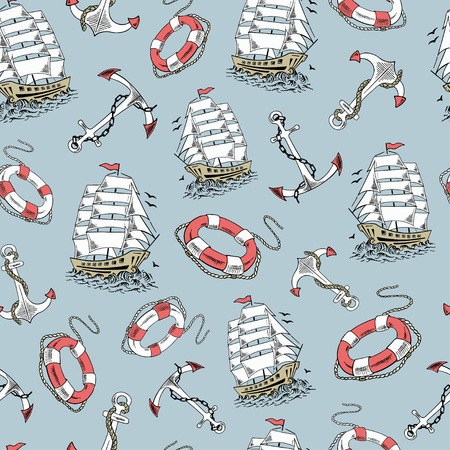 Anchor, boat, life preserver, lighthouse, ship, sailboat sketch seamless pattern. Hand drawn vector illustration.のイラスト素材
