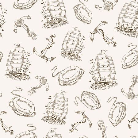 Anchor, boat, life preserver, lighthouse, ship, sailboat sketch seamless pattern. Hand drawn vector illustration.のイラスト素材