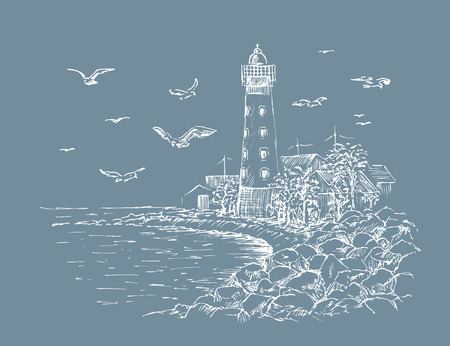 Landscape Lighthouse. Sea and seagulls sketch. Hand painted lighthouse and the sea. Rocky shore graphics. Vector illustration.のイラスト素材