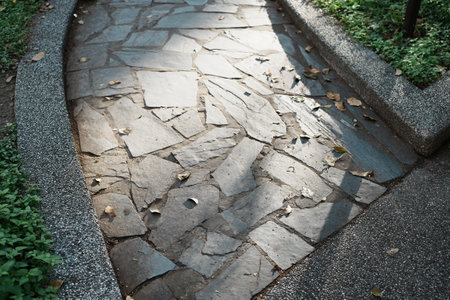 Stone walkway in the garden with sunlight and shadow, stock photo