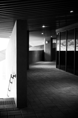 Modern office building corridor with light coming from the window. Black and white.