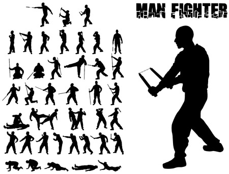 SILHOUETTE MAN AND COMBAT MARTIAL ARTS WEAPONS WHITのイラスト素材