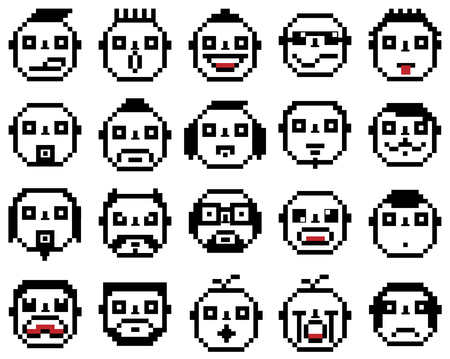 SET OF EMOTIONS SET OF EMOJI FACE ICONS FACE PIXEL FACE RETRO VINAGE FACE BLACK AND WHITEのイラスト素材