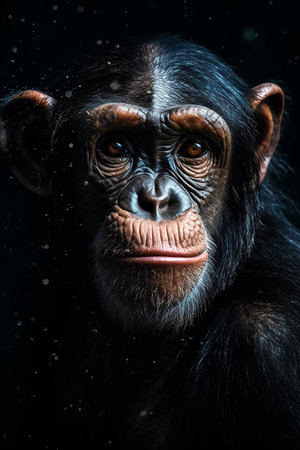 Portrait of a chimpanzee on a dark background. Animal theme.の素材