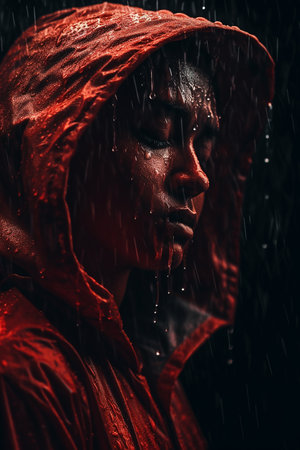 Portrait of a beautiful girl in a red raincoat with a hood.の素材