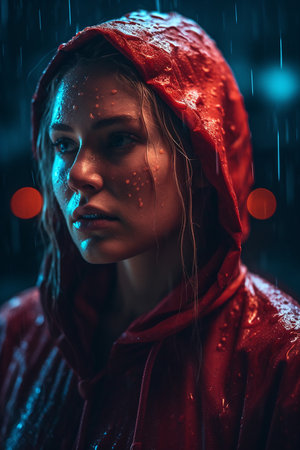 Portrait of a girl in a red raincoat on a dark background.の素材